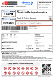 Exemplo de ingresso para Machu Picchu